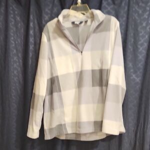 Lands' End Women's Gray and Cream Plaid Hoodie